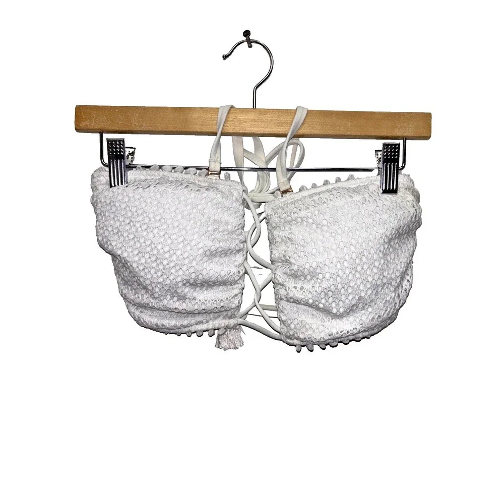 Victoria’s Secret White Lace Bikini Top L Open Back Removable Halter Strap Pads